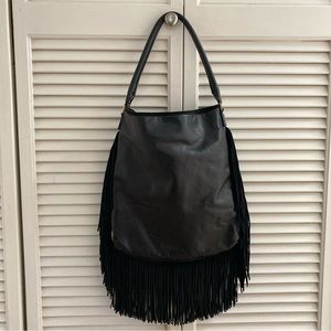 Tory Burch Fringe Black Leather Hobo Bag Purse Satchel Tote Suede Authentic